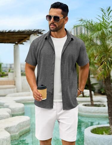 Men's Linen Shirts Short Sleeve Casual Button Down Shirts Summer Beach Wedding Vacation Cotton Tops in Saudi Arabia