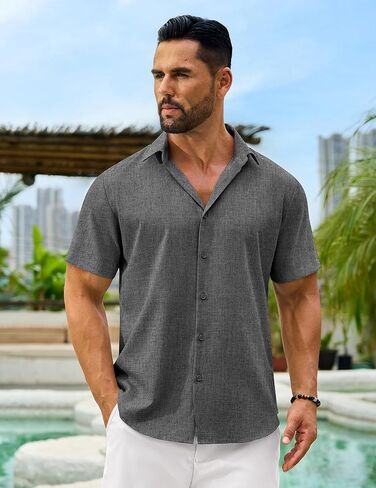 Men's Linen Shirts Short Sleeve Casual Button Down Shirts Summer Beach Wedding Vacation Cotton Tops in Saudi Arabia