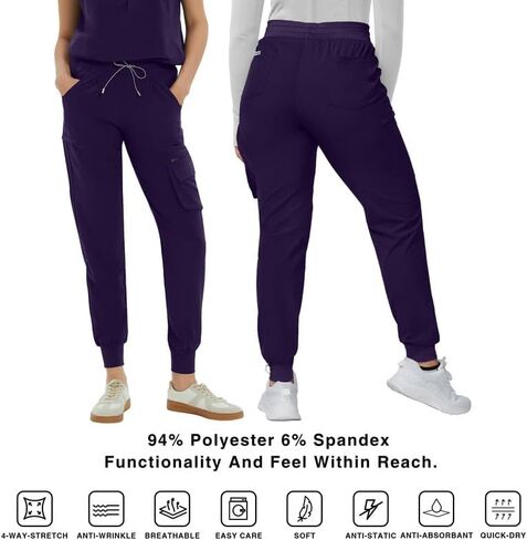 Medical Scrub Pants for Women — Mid Rise Jogger Pants with Yoga Waistband, 4-Way Stretch, Anti-Wrinkle & 8 Pockets in Kuwait