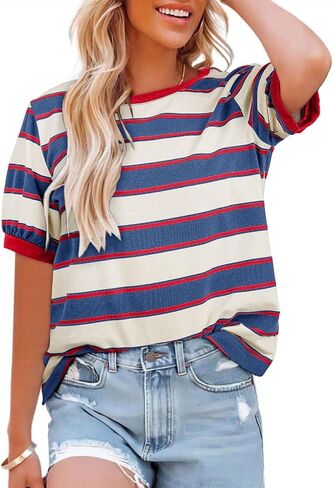 Womens Tops Cotton Casual Color Block Striped Short Sleeve Shirts Crewneck T Shirts Loose Basic Tee Blouses in Saudi Arabia