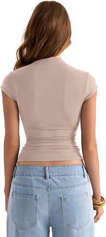 Womens Double Lined Mock Turtle Neck Tops Slim Fitted Cap Sleeve Shirts Going Out Tees Y2k Summer Clothes 2025 in Kuwait