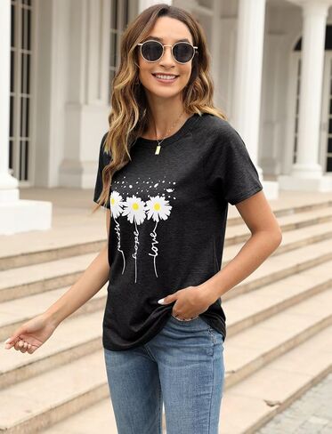 Women Crewneck Daisy Print Short Sleeve T-Shirts Summer Faith-Hope-Love Raglan Sleeve Tees Loose Fit Graphic Tops 2024 in Saudi Arabia