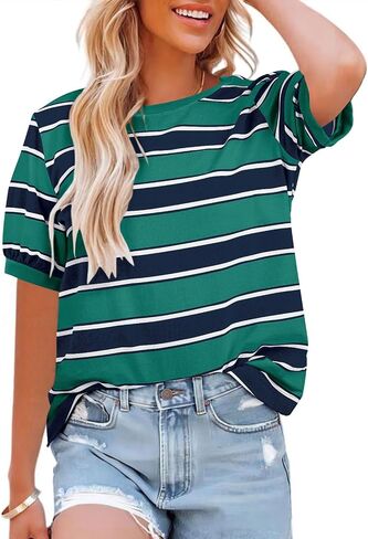 Womens Tops Cotton Casual Color Block Striped Short Sleeve Shirts Crewneck T Shirts Loose Basic Tee Blouses in Saudi Arabia