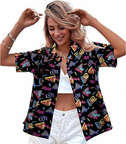yolsun 80s 90s Shirts for Women 80s Retro Disco Party Hawaiian Shirt Short Sleeve Neon Button Down Blouse Tops in Saudi Arabia
