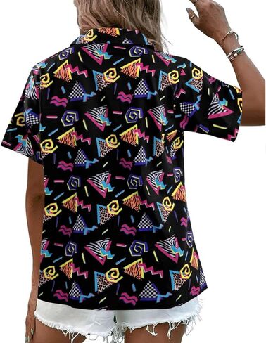 yolsun 80s 90s Shirts for Women 80s Retro Disco Party Hawaiian Shirt Short Sleeve Neon Button Down Blouse Tops in Saudi Arabia