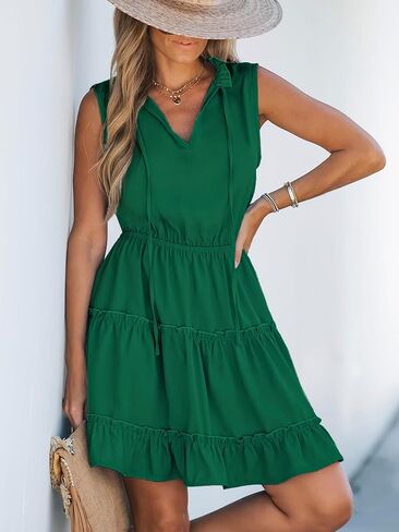 CUPSHE Womens Summer Dresses Tie Neck Sleeveless Tiered Ruffle A-Line Tunic Mini Dress in Saudi Arabia