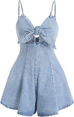 OYOANGLE Women's Vintage Bowknot Spaghetti Strap Denim Romper Sleeveless Wide Leg Jean Short Jumpsuits in Saudi Arabia