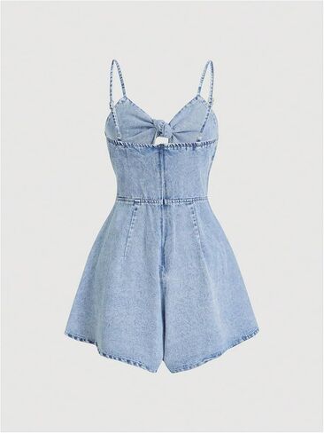 OYOANGLE Women's Vintage Bowknot Spaghetti Strap Denim Romper Sleeveless Wide Leg Jean Short Jumpsuits in Saudi Arabia