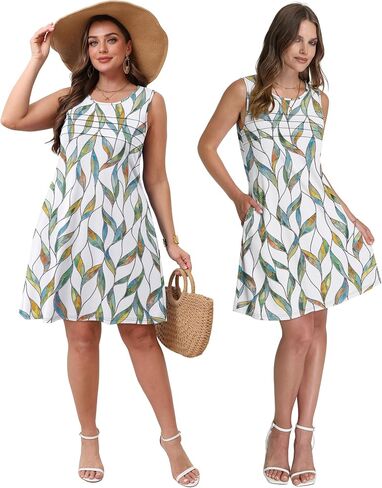 OFEEFAN Womens Pleated Front Tank Dresses Fashion Spring Sleeveless Pockets Sundress Casual Summer in Saudi Arabia