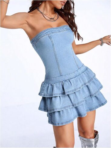 WDIRARA Women's Strapless Layered Ruffle Denim Dress Bandeau Slim Fit Mini Dresses in Kuwait