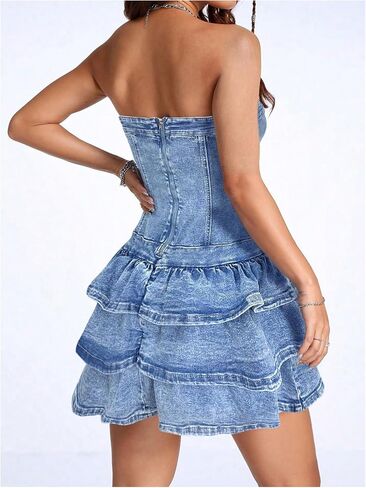WDIRARA Women's Strapless Layered Ruffle Denim Dress Bandeau Slim Fit Mini Dresses in Kuwait