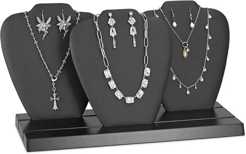 Ikee Design Deluxe Faux Leather Covered MDF Wood Multiple Necklace Display Stand with 2-Row Holder, 3 Removable Displays, Earring Jewelry Bust for Selling Shows, 15.7W x 5.1D x 9.1H in, Black Color in Saudi Arabia