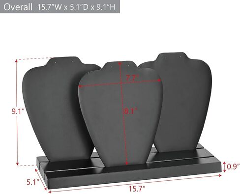 Ikee Design Deluxe Faux Leather Covered MDF Wood Multiple Necklace Display Stand with 2-Row Holder, 3 Removable Displays, Earring Jewelry Bust for Selling Shows, 15.7W x 5.1D x 9.1H in, Black Color in Saudi Arabia