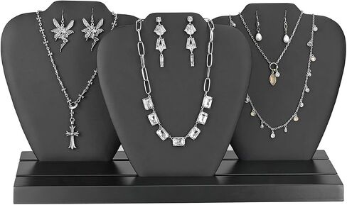 Ikee Design Deluxe Faux Leather Covered MDF Wood Multiple Necklace Display Stand with 2-Row Holder, 3 Removable Displays, Earring Jewelry Bust for Selling Shows, 15.7W x 5.1D x 9.1H in, Black Color in Saudi Arabia