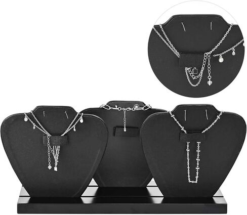 Ikee Design Deluxe Faux Leather Covered MDF Wood Multiple Necklace Display Stand with 2-Row Holder, 3 Removable Displays, Earring Jewelry Bust for Selling Shows, 15.7W x 5.1D x 9.1H in, Black Color in Saudi Arabia