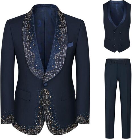 Mens Luxury 3 Pieces Suit with Rhinestone Slim Fit Shawl Lapel Blazer Jacket Vest Pants Set for Prom,Party,Dinner in Kuwait
