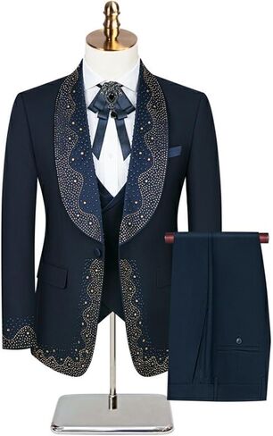 Mens Luxury 3 Pieces Suit with Rhinestone Slim Fit Shawl Lapel Blazer Jacket Vest Pants Set for Prom,Party,Dinner in Kuwait