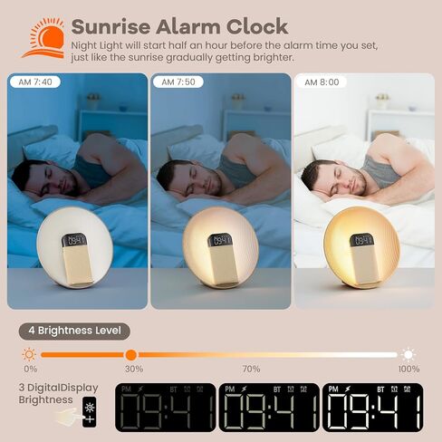 ساعة منبه شروق الشمس من كولسور، مكبر صوت بلوتوث، شحن لاسلكي، ضوضاء بيضاء، مصباح بجانب السرير، غرفة النوم، مساعد الغفوة والنوم، مثالية للهدايا in Kuwait