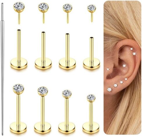14K Gold Filled Threadless Nose Studs for Women Men-316L Surgical Steel Push in Flat Back Stud Earrings CZ Nose Nostril Tragus Helix Cartilage Conch Piercing Jewelry Hypoallergenic 20G 18G in Saudi Arabia