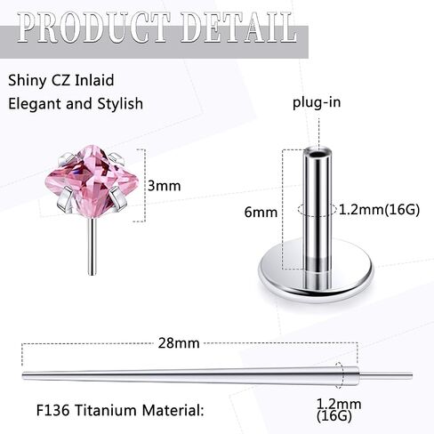 20G 18G 16G Threadless Push In Astm F136 Titanium Nose Ring Studs Flat Back Studs Earrings G23 Titanium Tragus Helix Conch Cartilage Earrings Piercing Jewelry For Women Men Clear Pink CZ in Saudi Arabia