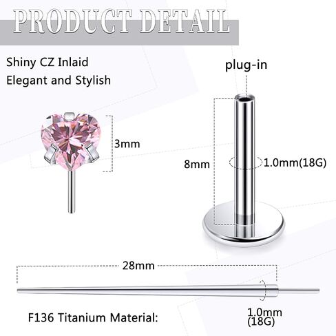 20G 18G 16G Threadless Push In Astm F136 Titanium Nose Ring Studs Flat Back Studs Earrings G23 Titanium Tragus Helix Conch Cartilage Earrings Piercing Jewelry For Women Men Clear Pink CZ in Saudi Arabia