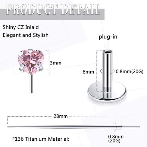 20G 18G 16G Threadless Push In Astm F136 Titanium Nose Ring Studs Flat Back Studs Earrings G23 Titanium Tragus Helix Conch Cartilage Earrings Piercing Jewelry For Women Men Clear Pink CZ in Saudi Arabia