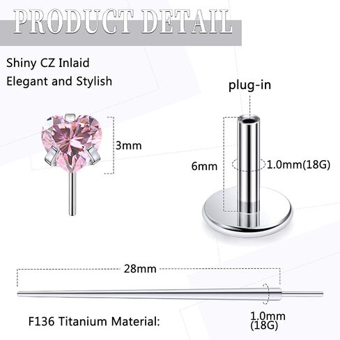 20G 18G 16G Threadless Push In Astm F136 Titanium Nose Ring Studs Flat Back Studs Earrings G23 Titanium Tragus Helix Conch Cartilage Earrings Piercing Jewelry For Women Men Clear Pink CZ in Saudi Arabia