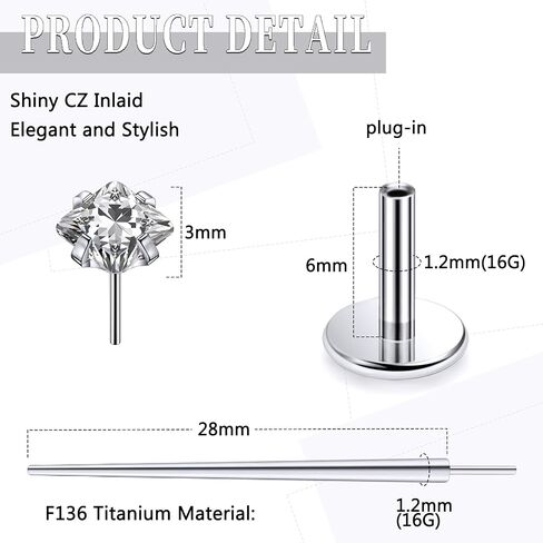 20G 18G 16G Threadless Push In Astm F136 Titanium Nose Ring Studs Flat Back Studs Earrings G23 Titanium Tragus Helix Conch Cartilage Earrings Piercing Jewelry For Women Men Clear Pink CZ in Saudi Arabia
