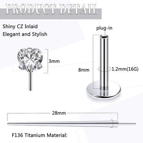 20G 18G 16G Threadless Push In Astm F136 Titanium Nose Ring Studs Flat Back Studs Earrings G23 Titanium Tragus Helix Conch Cartilage Earrings Piercing Jewelry For Women Men Clear Pink CZ in Saudi Arabia