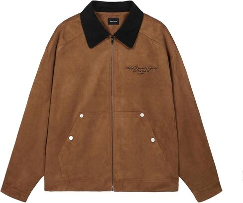 Men's Women's Suede Leather Letter Graphic Color Block Zip Up Long Sleeve Jacket Vintage Streetwear Unisex Coats in Saudi Arabia