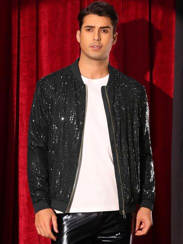 Lars Amadeus Sequin Varsity Jacket for Men's 70s Disco Zipper Party Glitter Shiny Bomber Jackets in Saudi Arabia