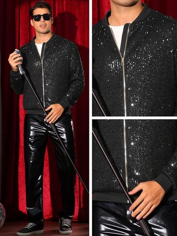Lars Amadeus Sequin Varsity Jacket for Men's 70s Disco Zipper Party Glitter Shiny Bomber Jackets in Saudi Arabia