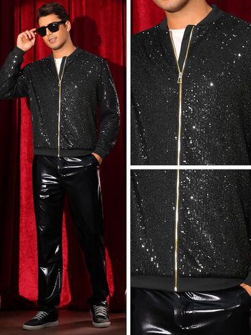 Lars Amadeus Sequin Varsity Jacket for Men's 70s Disco Zipper Party Glitter Shiny Bomber Jackets in Saudi Arabia