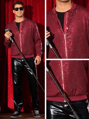 Lars Amadeus Sequin Varsity Jacket for Men's 70s Disco Zipper Party Glitter Shiny Bomber Jackets in Saudi Arabia