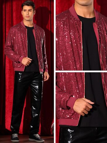 Lars Amadeus Sequin Varsity Jacket for Men's 70s Disco Zipper Party Glitter Shiny Bomber Jackets in Saudi Arabia
