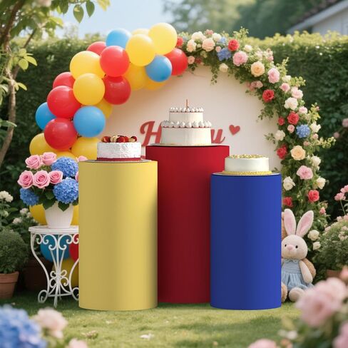 Cylinder Covers Set of 3, Spandex Cylinder Stand Covers for Parties,Round Pedestal Stand Covers for Cylinder Stands for Wedding Party Birthday Display(Cylinder Stands Not Included) (Blue Yellow Red, L+XL+XXL) in Saudi Arabia