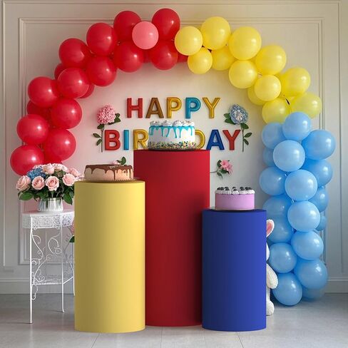 Cylinder Covers Set of 3, Spandex Cylinder Stand Covers for Parties,Round Pedestal Stand Covers for Cylinder Stands for Wedding Party Birthday Display(Cylinder Stands Not Included) (Blue Yellow Red, L+XL+XXL) in Saudi Arabia