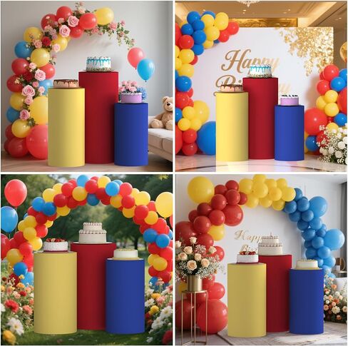 Cylinder Covers Set of 3, Spandex Cylinder Stand Covers for Parties,Round Pedestal Stand Covers for Cylinder Stands for Wedding Party Birthday Display(Cylinder Stands Not Included) (Blue Yellow Red, L+XL+XXL) in Saudi Arabia