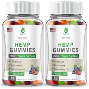 2 Packs Hemp Gummies 100% Natural Organic Hemp Supplement Gummy Extra Strength High Potency with Pure Hemp Oil Extract Vegan Bear Candy