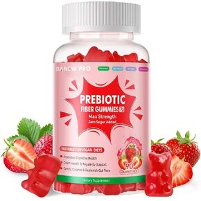 Prebiotic Fiber Gummies for Adults, 7G Extra Strength, Zero Sugar Added, 90 Pectin Based Gummies, Digestive Health & Regularity Support-Strawberry