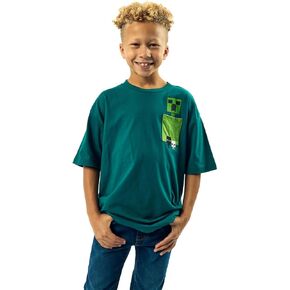 Minecraft Creeper Pocket Crew Neck Short Sleeve Boy's Green Colorblock T-Shirt