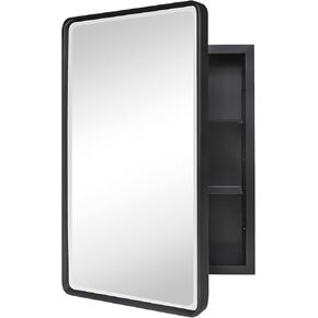 TEHOME Farmhouse Brushed Gold Metal Framed Recessed Bathroom Medicine Cabinet with Mirror Rounded Rectangle Medicine Cabinet with Beveled Mirror 16x24''
