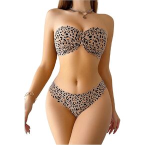 MakeMeChic Women's Lingerie Set Leopard Print Strapless Bralette Bandeau Bra Panty Sets