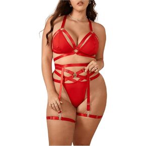 Verdusa Women's Plus Size 4 Piece Lingerie Set Cut Out Bra and Panty with Garter Belt