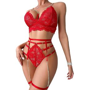 Women's Lace Garter Lingerie Set Bra and Panty Set with Garter Belt