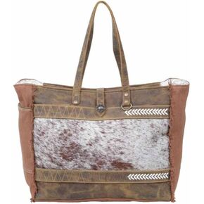 Myra Bag Brown Cowhide Purse - Salt n Pepper Cowhide Purses for Women with Floral Concho, Leather Accents, Zigzag Stitch & Arrow Stitch Design, Grunge Brown Leather Accents, Western Purses for Women