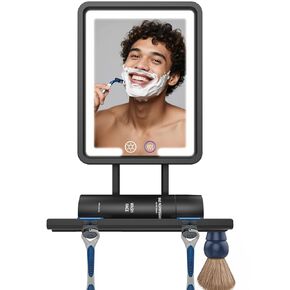 Shinowa Heated Shower Mirror Fogless for Shaving, 360° Adjustable Lighted Shower Mirror with 3 Color Modes, Rechargeable Anti Fog Shower Shaving Mirror with Large Storage Tray & Razor Holder, Black
