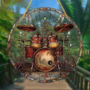 Vintage Drums Acrylic Window Hanging Music Equipment Stained Suncatchers for Window Acrylic Panels Bedroom Garden Kitchen Wall Decoration Gifts for Women Mom Grandma Teacher