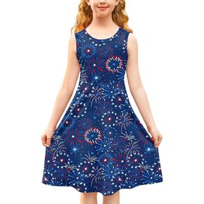BesserBay Girl's Fourth of July American Flag Dress Stars Stripes Swing Midi Tank Dress 4-14 Years