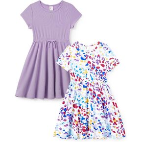 PATPAT Girls' Short Sleeve Dresses Multipack – Quick-Dry Fabric, Tie-Dye & Leopard Prints for Toddlers & Big Girls 2-10 T